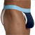 Pixelated close-up of a person's lower torso wearing dark blue briefs with white trim and a light blue waistband.
