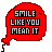 Red speech bubble icon with 'SMILE LIKE YOU MEAN IT' text, displaying pixelated color variations