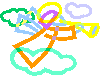 Pixelated angel figure with trumpet, cloud base, and floating heart shapes in mixed pastel colors across six