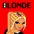 Pixelated cartoon icon of a blonde woman with blue eyes against red background, featuring bold black text reading "BLONDE" above her head.