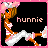 Pixel art contact sheet of a 6-frame animated icon featuring a cartoon woman in pink and white attire with a cowboy hat, set against black background with "hunnie" text.