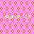 Pixelated pink background with repeating orange circular patterns and four instances of yellow text reading 'sarah <3' in a