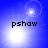 Blue background with four white light bursts and the text 'pshaw' in black pixelated font across all quadrants.
