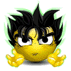 Yellow cartoon character with black spiky hair and green outline, displaying sequential facial expressions from neutral to angry while hands glow brighter in each frame.