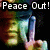 Pixelated image of a person making a peace sign with text "Peace Out!" above, displayed in a