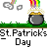Animated St. Patrick's Day buddy icon featuring a green stick figure and pot of gold with rainbow, displayed as 3x3 contact sheet of sequential frames showing character movement around the pot.