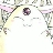 A pixelated image shows a white creature with large eyes and pink accents on its ears and cheeks, set against a light background with faint floral elements.