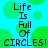 Pixelated text reads "Life Is Full Of CIRCLES!" on a cyan background with green circles, repeated in four identical quadrants.