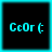 Four identical square display cyan text on black backgrounds with cyan borders, each showing 'CcOr (' in pixelated font