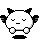 Two pixelated white characters with black accents stand side-by-side on a gray background, each with closed eyes and a straight mouth.