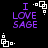 Pixelated purple text 'I LOVE SAGE' on black background with white square-and-dot patterns in corners.
