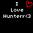 Static pixel art displays 'I Love Hunterr<3' with a red heart symbol replacing the word 'heart', all on black background.
