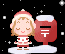 Pixel art of a girl in a red and white outfit standing next to a red mailbox with snow on top, set against a black background with white snowflakes.