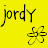 A 48x48 pixel animated buddy icon featuring the name "jordy" in two styles with a flower symbol, displayed on a bright yellow background.