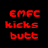 Red and black pixelated text reads 'EMFC kicks butt' above a black silhouette of a gun on red background, with two soccer game scenes on the right.