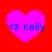 Four identical pink hearts on red background with blue text '<3 Kelly' inside each heart.
