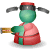 Green cartoon figure in red and pink traditional clothing holds a vertical scroll with red Chinese characters, transitioning through multiple poses.