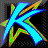 Six variations of a stylized letter K with vibrant, multicolored pixelated strokes on dark backgrounds.
