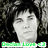 Pixelated grayscale portrait of a person with closed eyes and dark hair, set against a black background with green text at the bottom.
