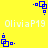 Yellow background with blue square-based pixel art icons and white text reading 'OliviaP19' repeated across the image.