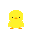 Animated contact sheet of 8 pixel art frames showing a yellow chick in various poses and angles against a gray background.