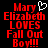Red pixelated text on black background reads 'Mary Elizabeth LOVES Fall Out Boy!!!' with a white heart symbol above the name.