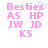 Pink pixelated text 'Besties' with a heart symbol above the 's', followed by 'AS', 'HP', 'JW', 'JD', and 'KS' in a on a white background