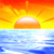 Pixelated sunset scene with orange and yellow sky, white sun partially above blue water horizon.