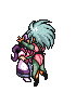 Pixel art character with purple hair and green outfit in four sequential poses showing movement and interaction with another character.