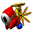 Pixelated character with red body, green hat, brown limbs, blue feet, and white accents on a gray background.