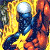 A 50x50 pixel animated buddy icon featuring a blue armored character with glowing white helmet, surrounded by yellow and orange flames on the left side of a contact sheet layout.