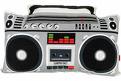 Static image of a silver boombox with black speakers, control knobs, and a cassette deck featuring red and green audio level meters.