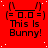 Red background with white speckles, repeated black text 'This Is Bunny!' and bunny face symbols in a