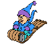 A cartoon character in a blue outfit and purple hat rides a wooden sled across showing sequential motion