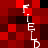 A pixelated image with a red and black checkered background and four vertical white text strings reading "FELD" in a stylized font.