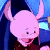 Pixelated pink cartoon character with large ears, dark eyes, and a wide open mouth against a blue and dark background.