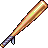Pixelated baseball bat with brown and orange gradient, yellow highlights along the barrel, purple handle with white dots, black outline on gray background.