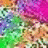 Pixelated abstract composition with shifting color blocks in pink, green, blue, and orange hues across a