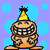 Pixelated orange character with yellow party hat, wide grin showing teeth, blue polka-dot background in six sequential poses.