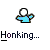 Pixelated character with white head and blue body in three poses: arms raised, arm extended left, arm extended right.