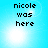 Pixelated text 'nicole was here' on a light blue background with bright white lens flares, displayed in four identical