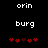 Two identical pixelated text displays with 'orin' above 'burg' and red heart symbols below, showing slight animation in heart positions.