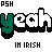 Pixelated text 'yeah' in green, white, and orange with black outlines on a white background; three identical static frames show the same design.