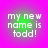 Four identical pixelated text on a pink background with green gradient overlays, each displaying 'my new name is todd!' in white block letters