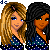 Pixelated cartoon-style character with blonde and black hair options, wearing blue polka-dot top and red-white striped shorts, displaying multiple poses.