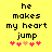Yellow background with black pixelated text 'he makes my heart jump' and six pink hearts below, where the third heart changes from light pink to darker pink between frames.
