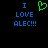 Blue text 'I LOVE ALEC!!!' on black background with green pixelated heart symbol above 'I' on left side.
