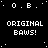 Black background with white pixelated text and dots, displaying 'O.B.' at top left of each section and 'ORIGINAL BAWS!' below in a