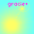 Pixelated pink text 'gracie+' appears in four quadrants of a cyan-yellow gradient background with animated yellow circular effects.