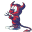 Pixelated devil icon with red and dark blue coloring, standing on a white base, showing two sequential poses where the head turns from left to right.
